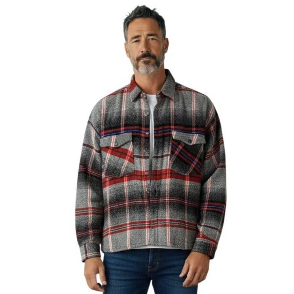 Comfort Outfitter Mens Gray Red Plaid Shirt Jacket Flannel Lined Button Up XL